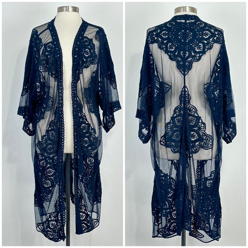 Festival Western Boho Coastal Cowgirl Kimono 2XL Blue Floral Lace Sheer Duster